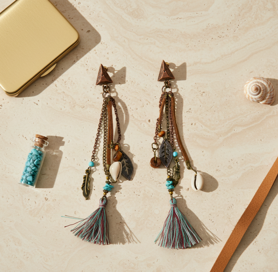 Bohemian Shell and Tassel Drop Earrings Antique Bronze Tone