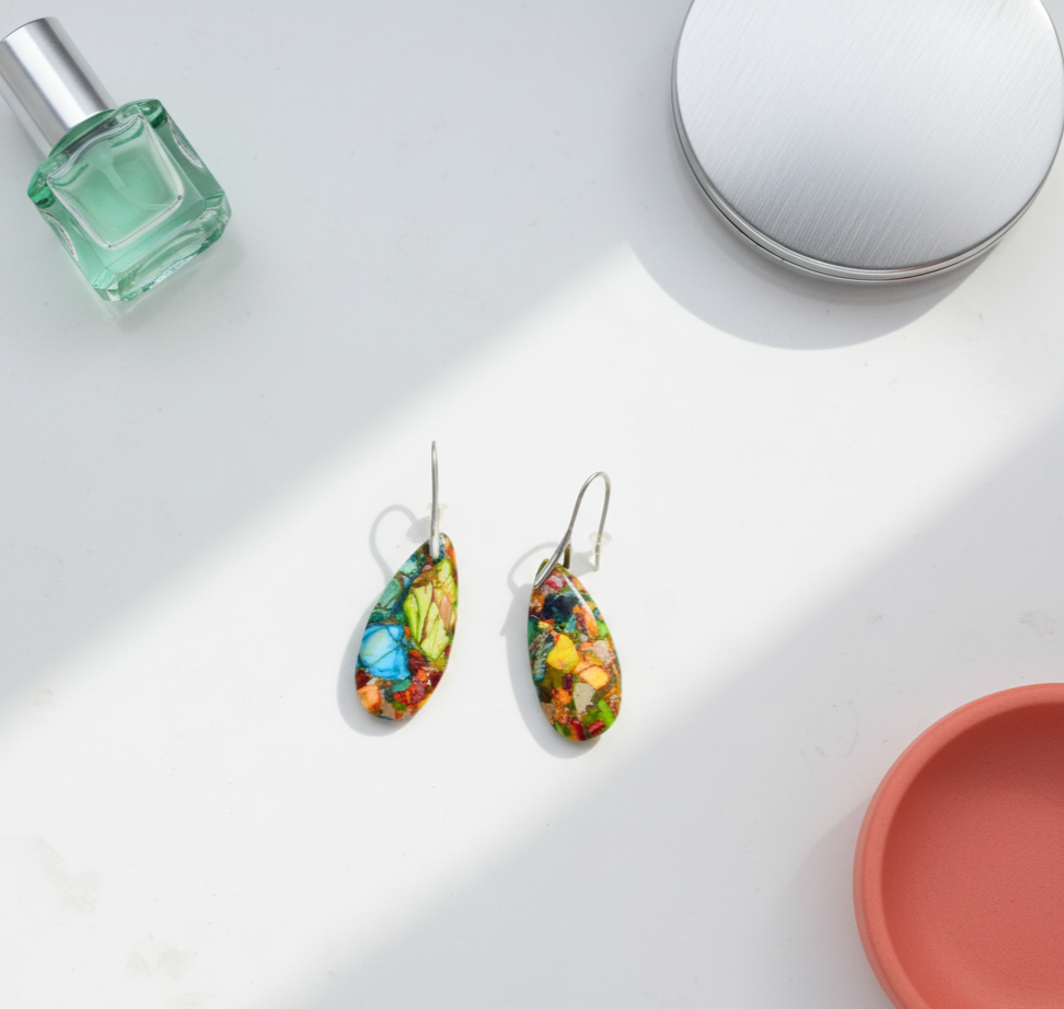 Imperial Jasper Teardrop Earrings Silver Tone Drop
