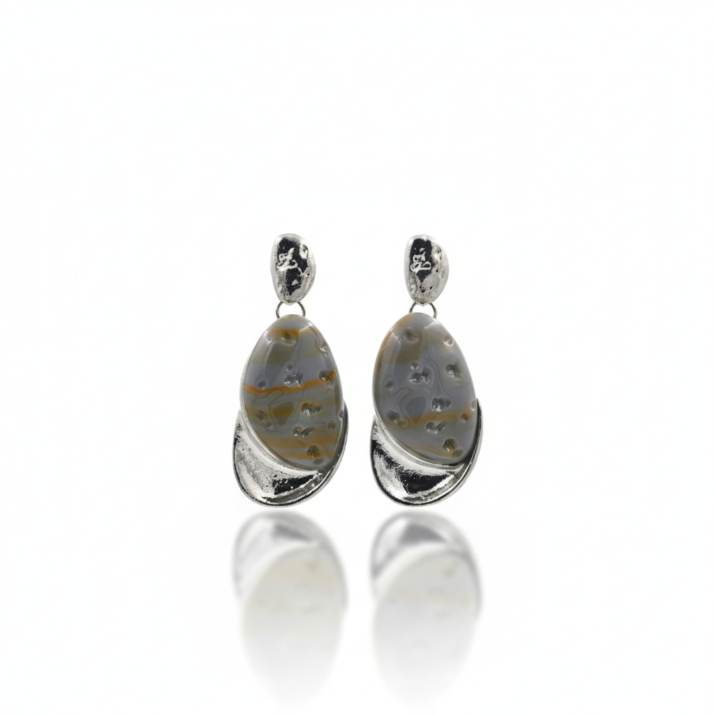 Grey Resin Drop Earrings for Women with Silver Tone Detail