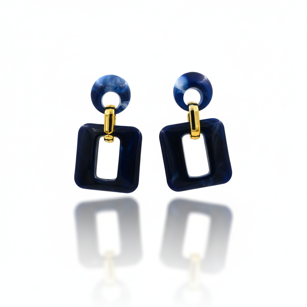 Navy Blue Resin Square Drop Earrings Gold Tone Detail