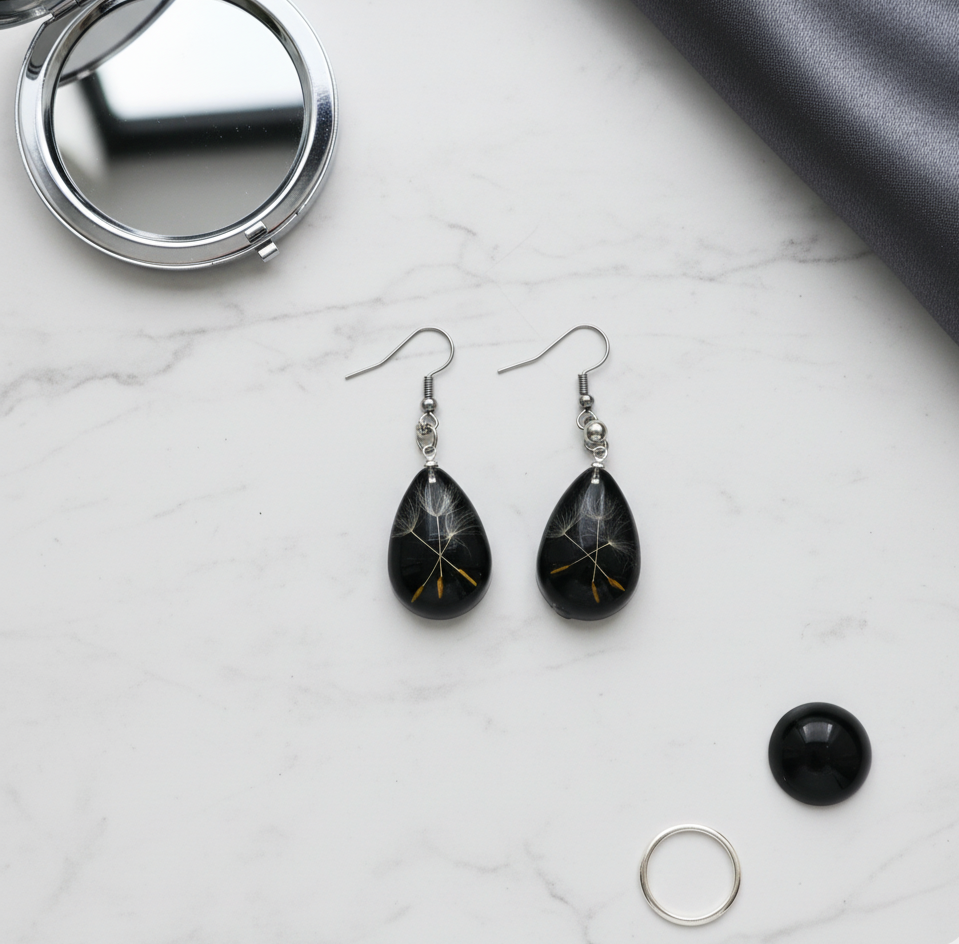 Midnight Black Dandelion Resin Teardrop Earrings Stainless Steel Hooks