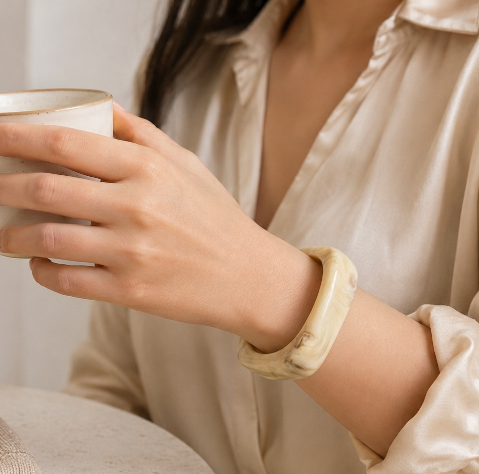 Beige Marbled Chunky Resin Bangle Bracelet for Women