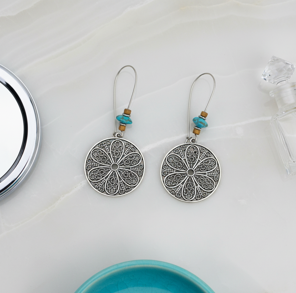Bohemian Turquoise Flower Disc Earrings Silver Tone Alloy