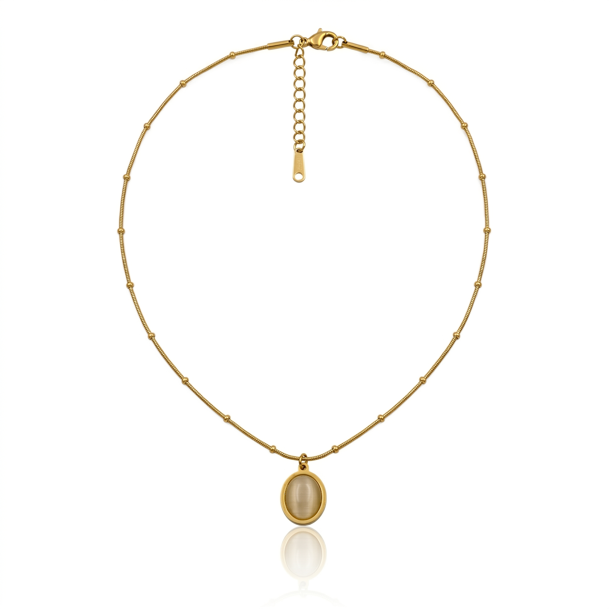 Vintage Cat Eye Stone Oval Pendant Necklace in 18K Gold Plated Stainless Steel