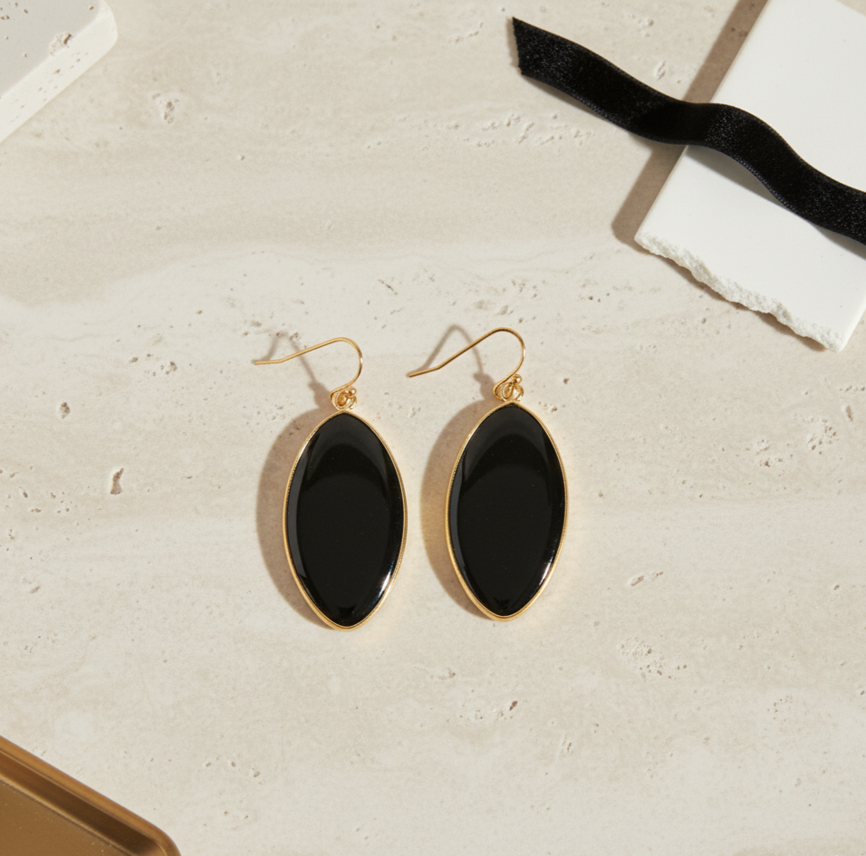 Black obsidian Stone Drop Earrings Gold Tone Hook Earrings