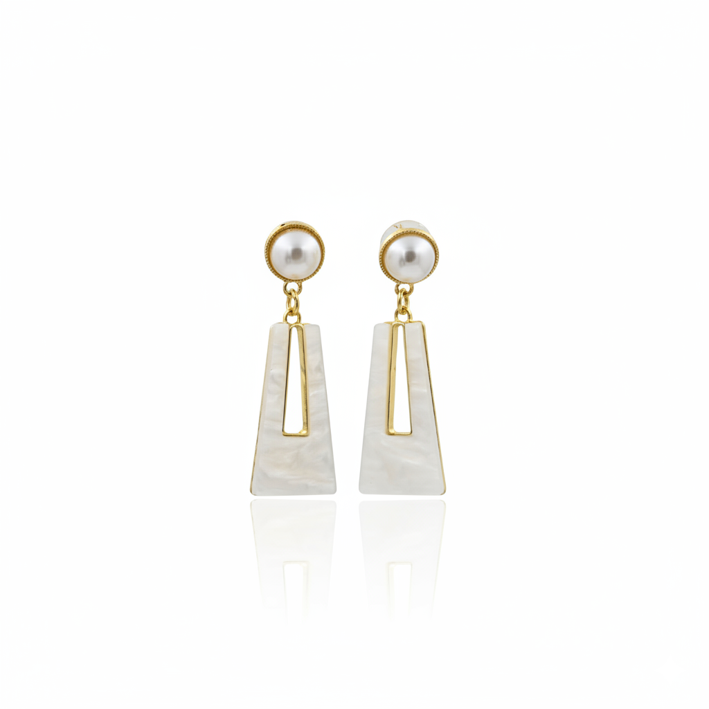 Pearl and White Geometric Drop Earrings Gold Tone Detail