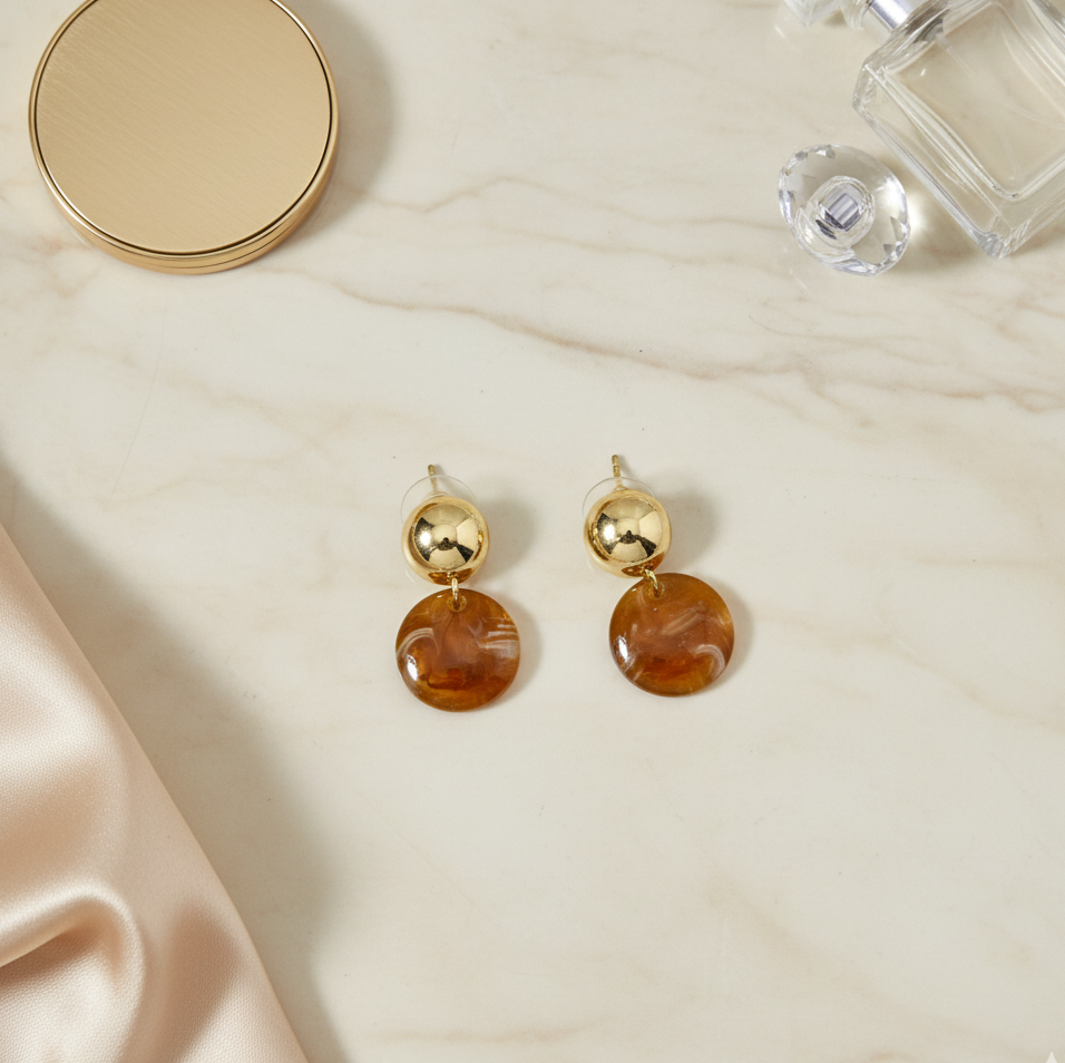 Amber Resin Disc Drop Earrings Gold Tone Studs