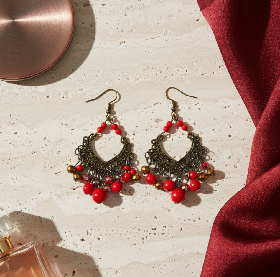 Vintage Red Beaded Statement Earrings Antique Gold Tone