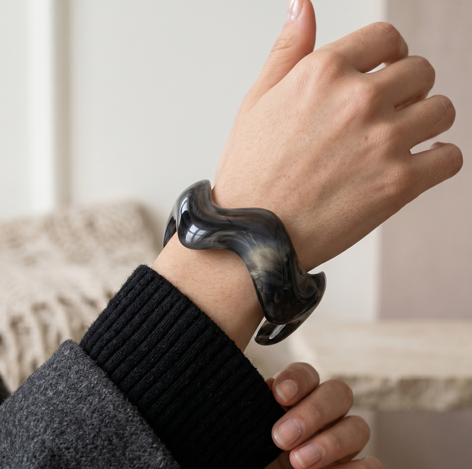 Black Marble Open Wave Resin Cuff Bracelet for Women