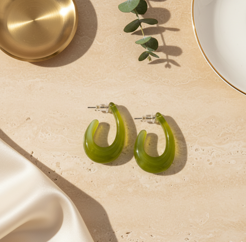 Olive Green Resin Open Hoop Earrings Stainless Steel Studs