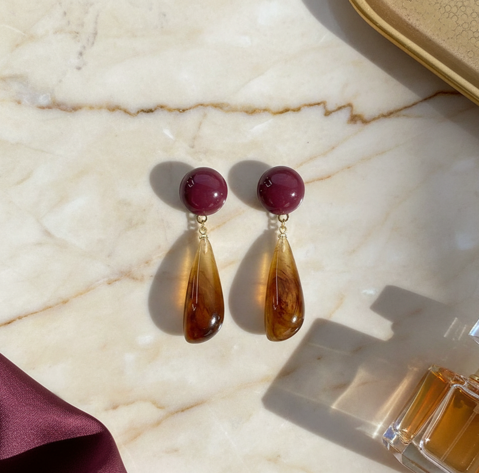 Amber Resin Teardrop Drop Earrings for Women in Wine Red and Gold Tone