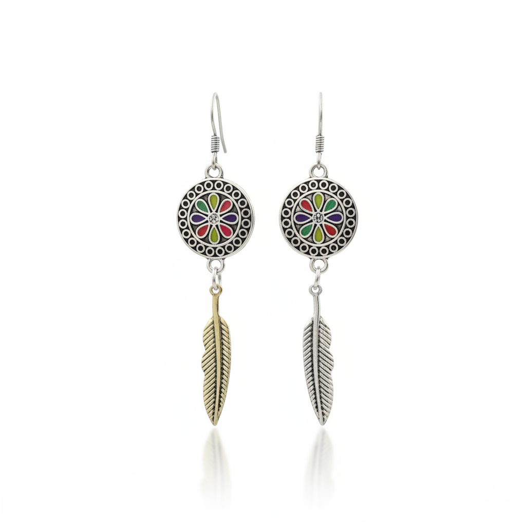 Bohemian Enamel Feather Drop Earrings Silver Tone Alloy