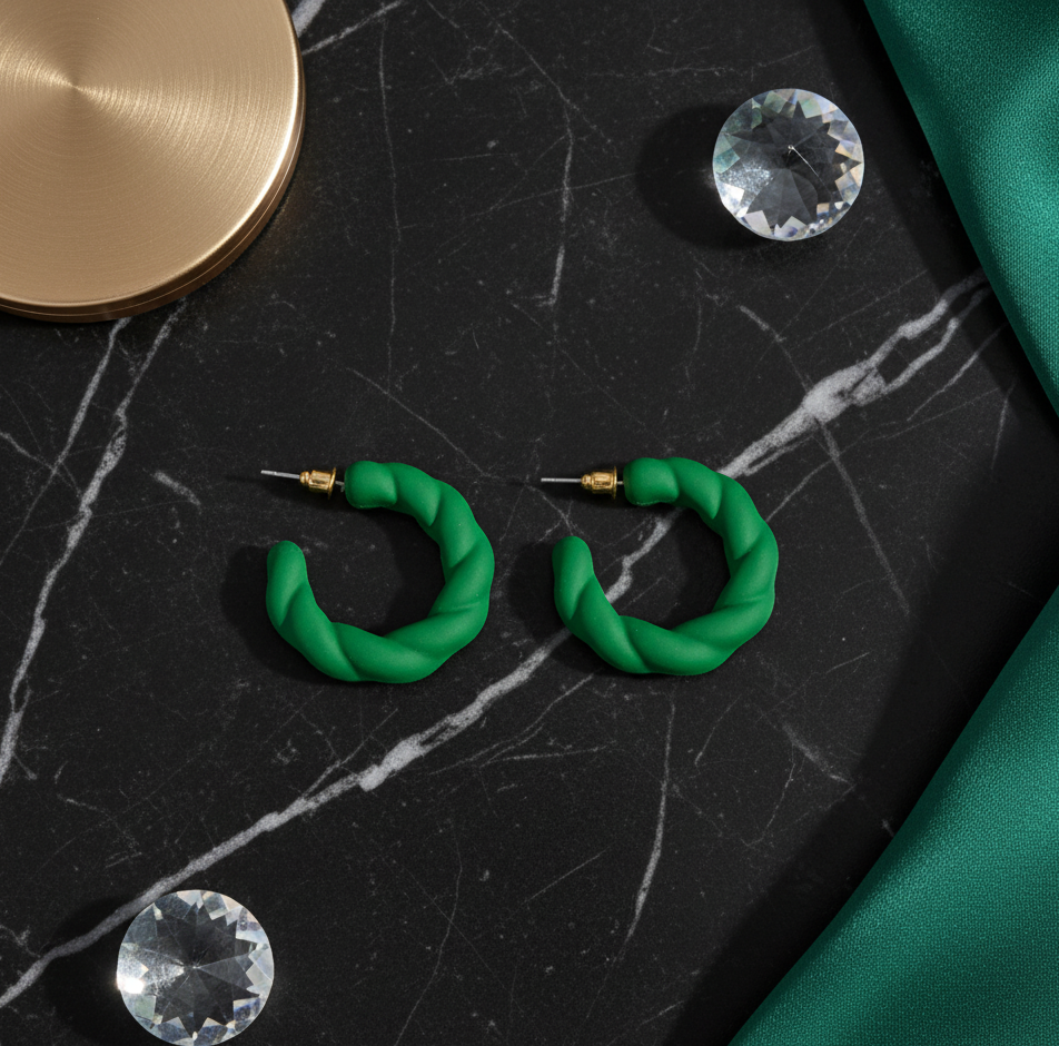 Matte Green Twisted C Hoop Earrings