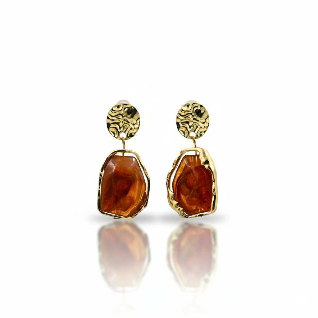 Amber Resin Statement Drop Earrings with Textured Gold Tone Studs