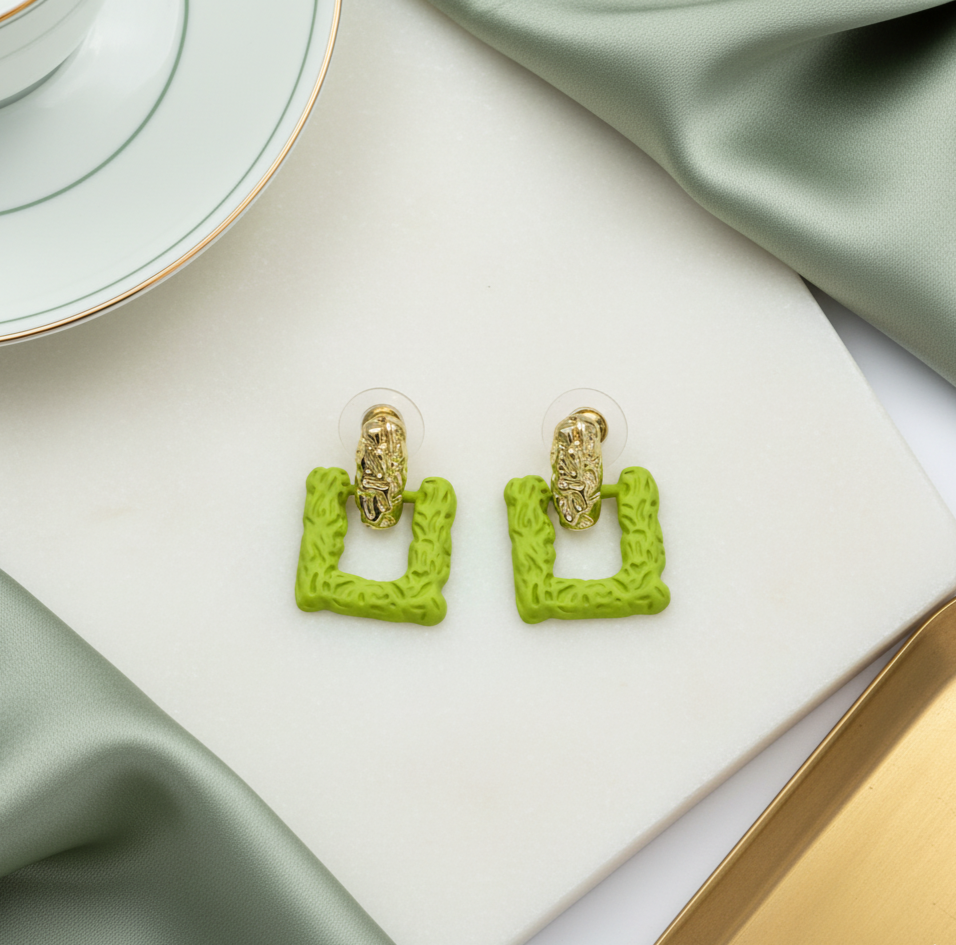 Lime Green Textured Square Drop Earrings Gold Plated Studs