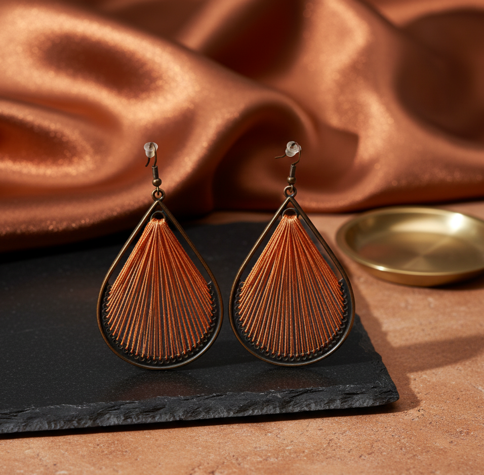 Bohemian Orange Thread Teardrop Earrings