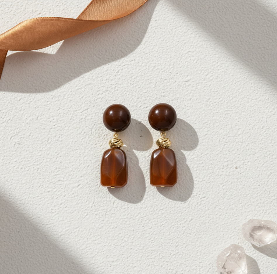 Amber Resin Dangle Earrings Gold Tone Studs