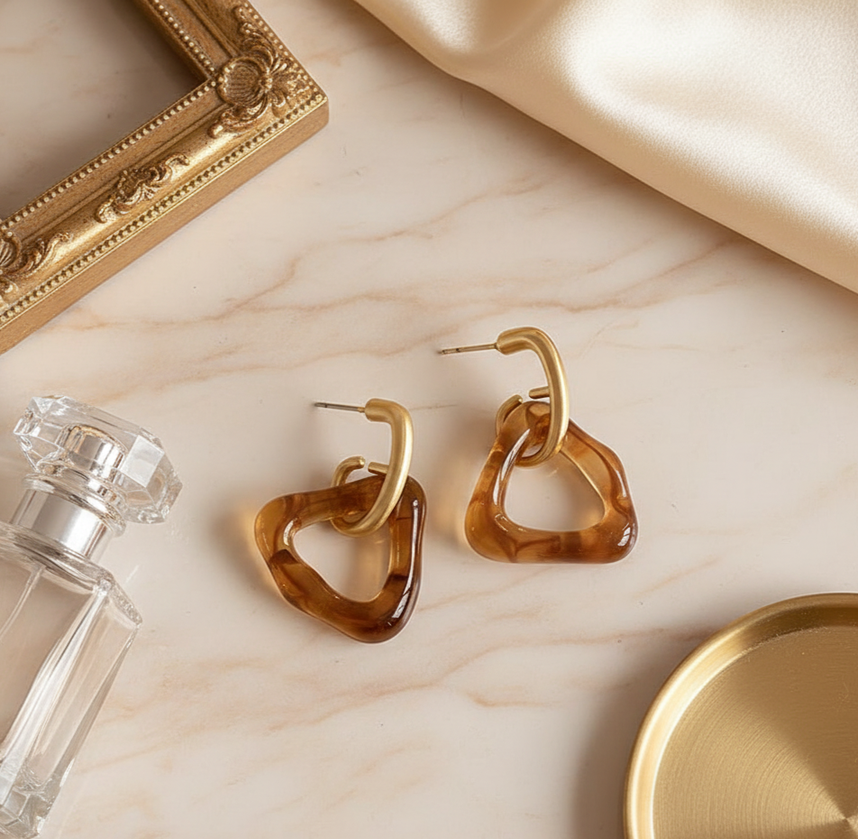 Amber Triangle Resin Hoop Earrings Gold Tone Stainless Steel