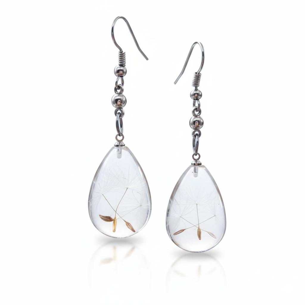 Clear Dandelion Resin Teardrop Earrings Stainless Steel Hooks