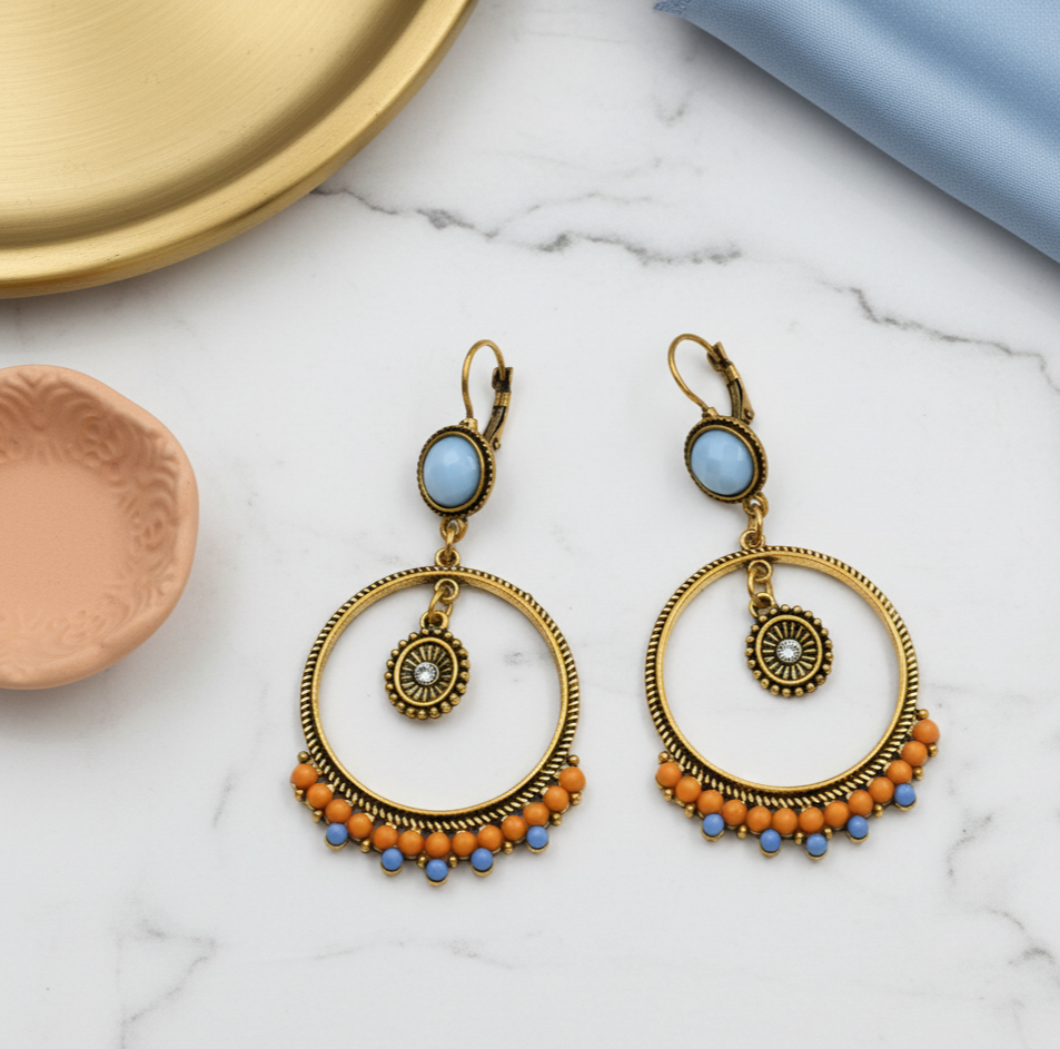 Bohemian Beaded Hoop Drop Earrings Gold Tone Alloy