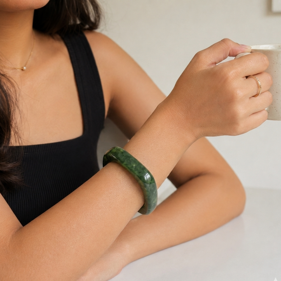 Dark Green Marbled Chunky Geometric Resin Bangle Bracelet for Women