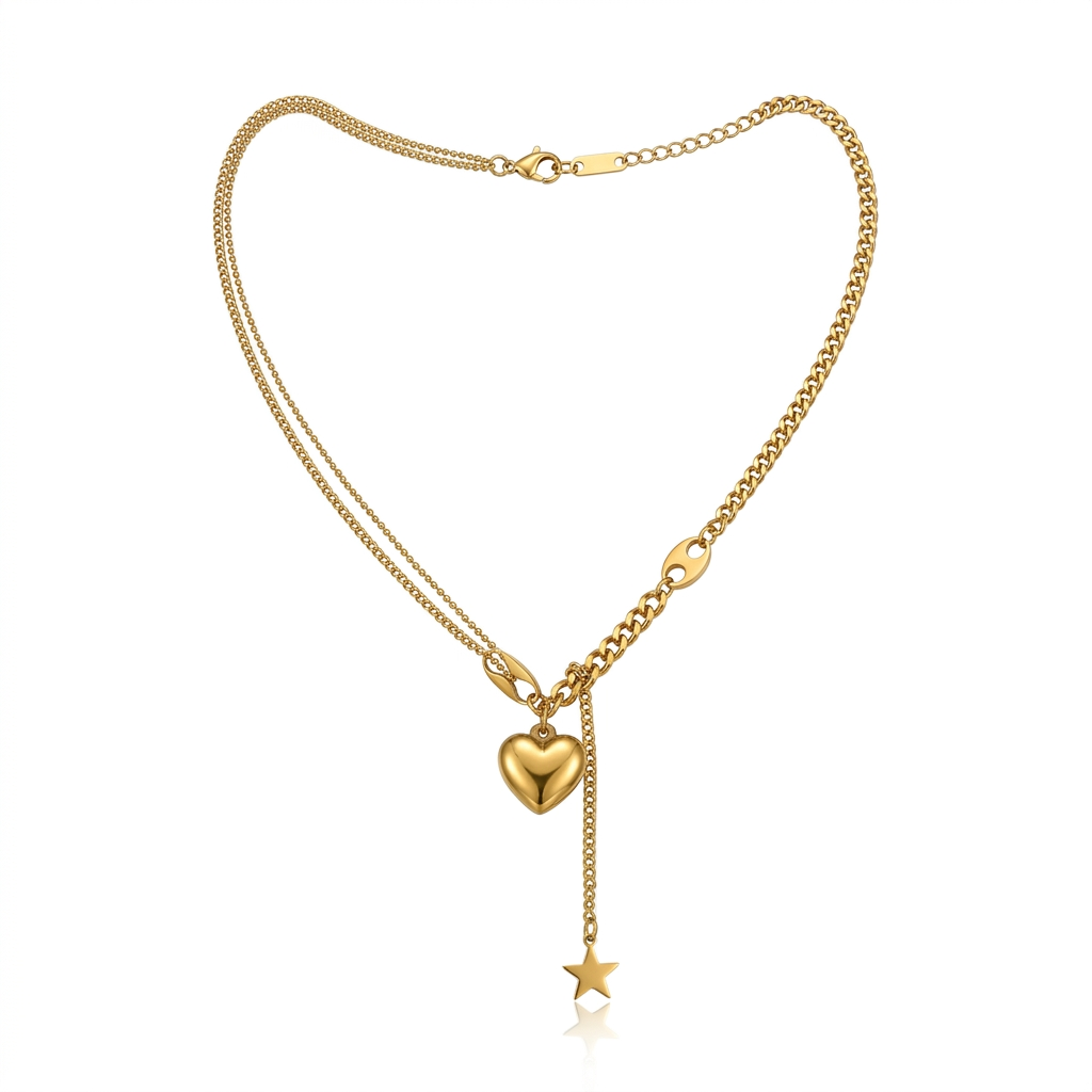 18K Gold Heart Charm Drop Necklace for Women – Layered Chain Pendant Necklace