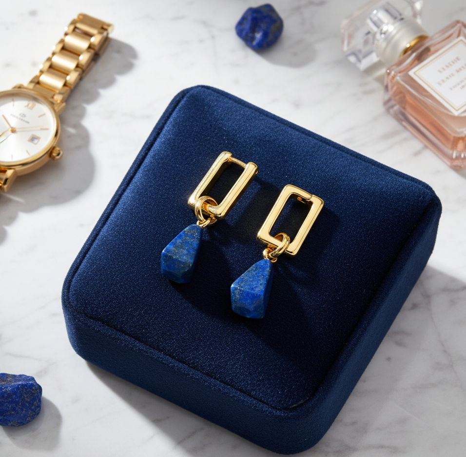 Lapis Lazuli Drop Earrings Gold Tone Brass