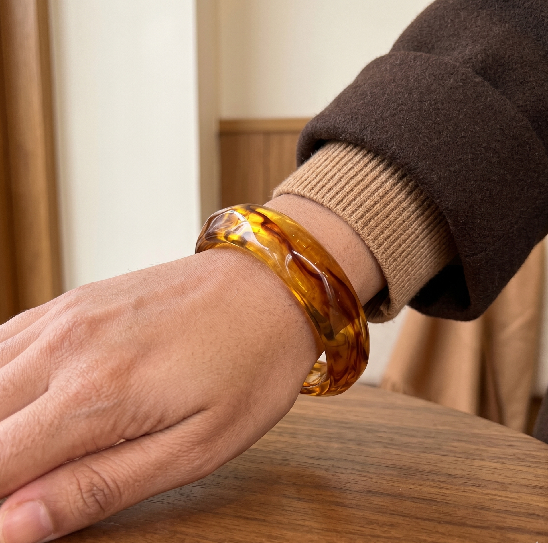 Amber Irregular Wide Resin Bangle Bracelet for Women