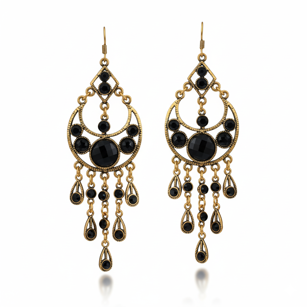 Bohemian Dark Stone Tassel Earrings Gold Tone Alloy