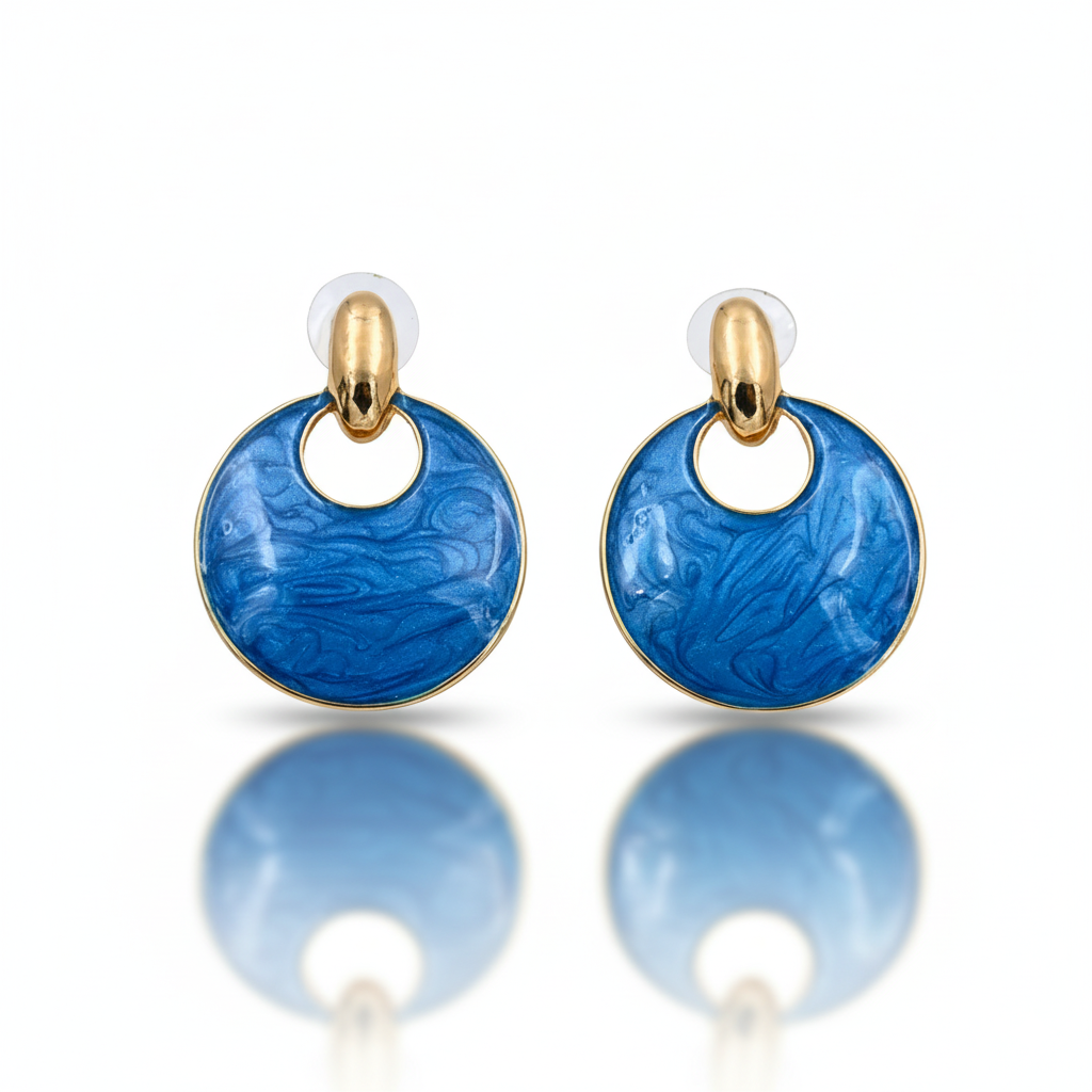 Blue Marbled Disc Drop Earrings Gold Tone Studs