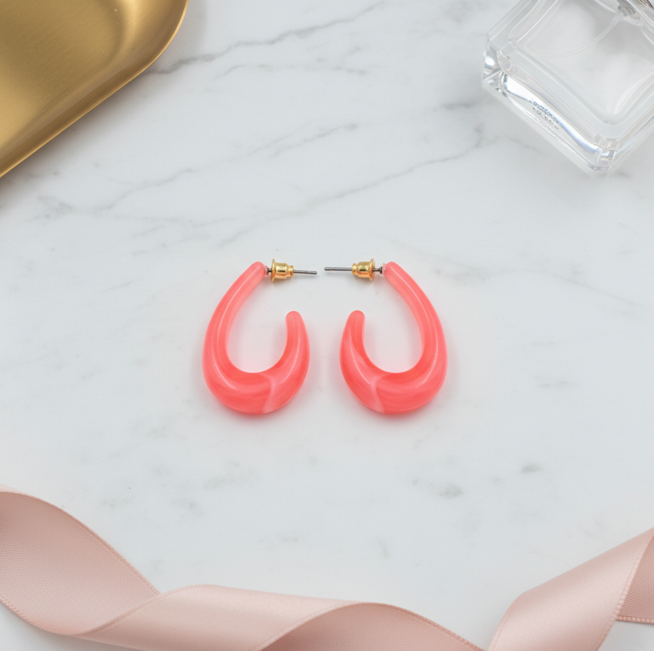 Coral Pink Resin U Hoop Earrings