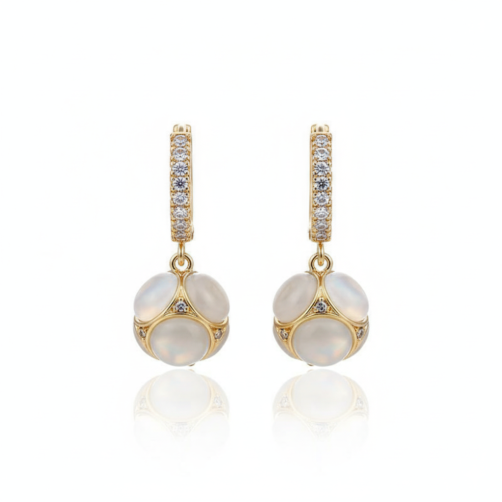Cat Eye Stone Drop Earrings Gold Tone Crystal Hoop