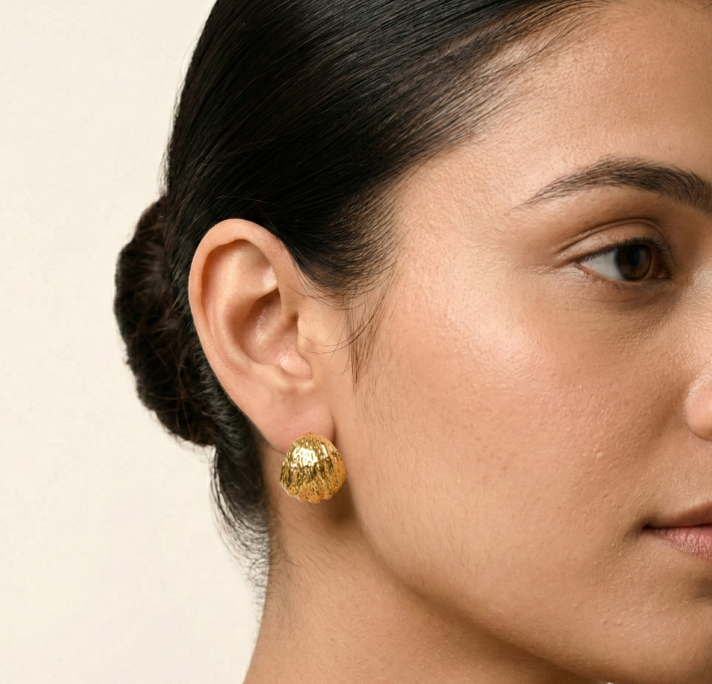 Textured C Shape Stud Earrings in 316L Stainless Steel with Gold PVD IP Plating