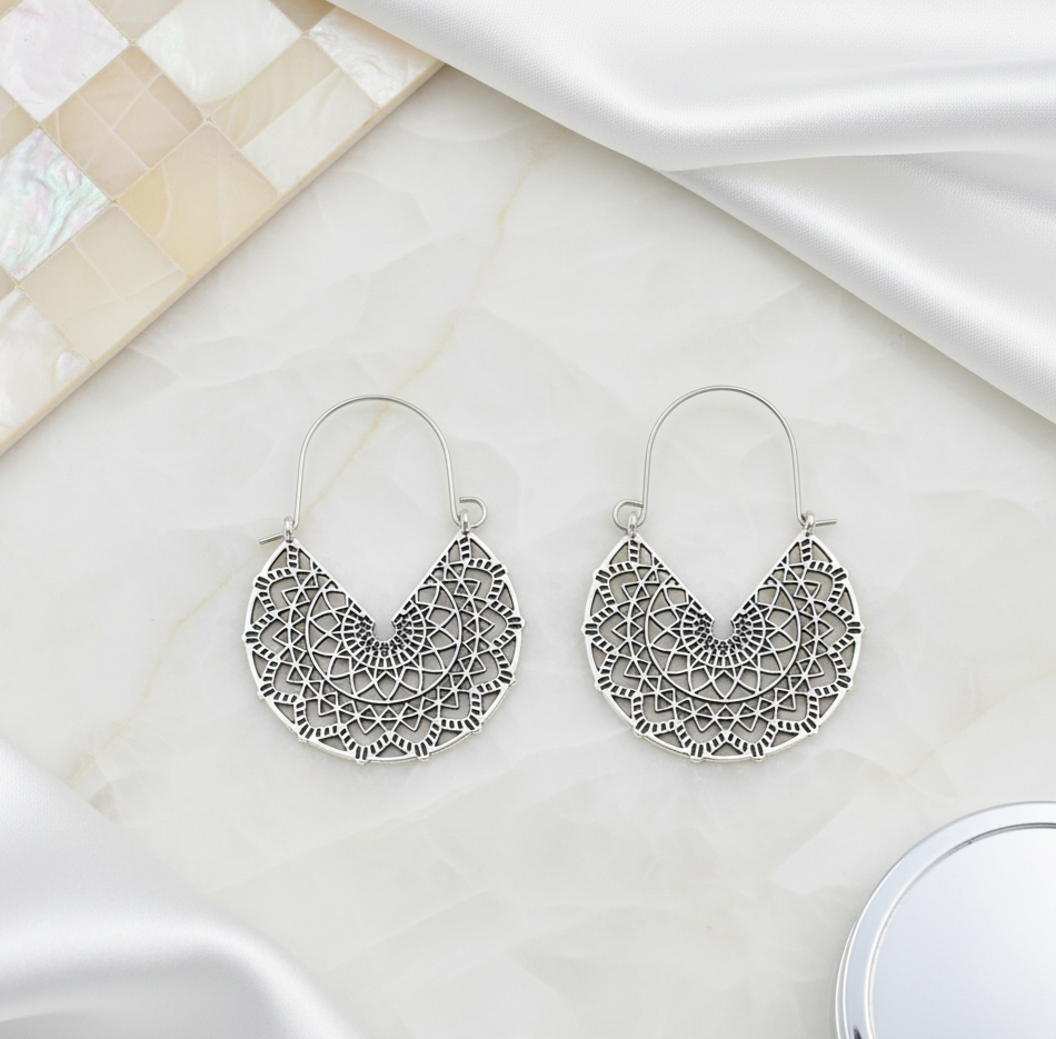 Bohemian Filigree U Shape Hoop Earrings Silver Tone Alloy