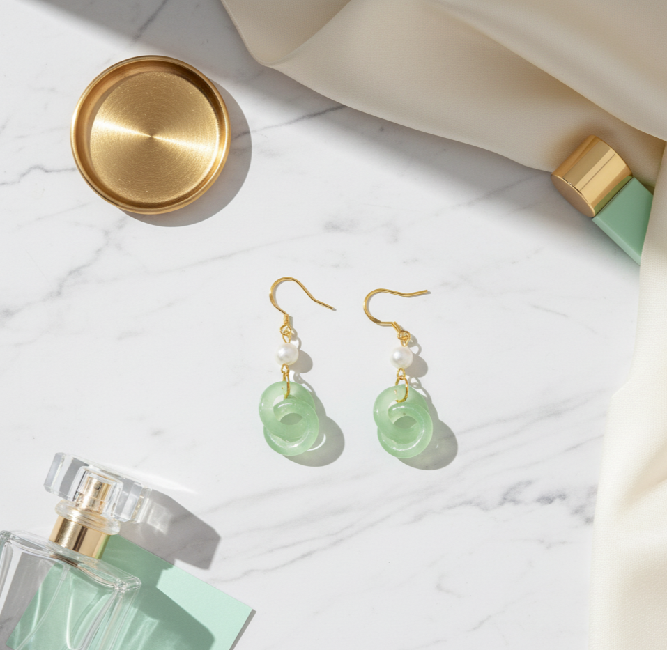 Mint Green Interlocking Resin Drop Earrings with Pearl Bead and Gold Tone Hooks