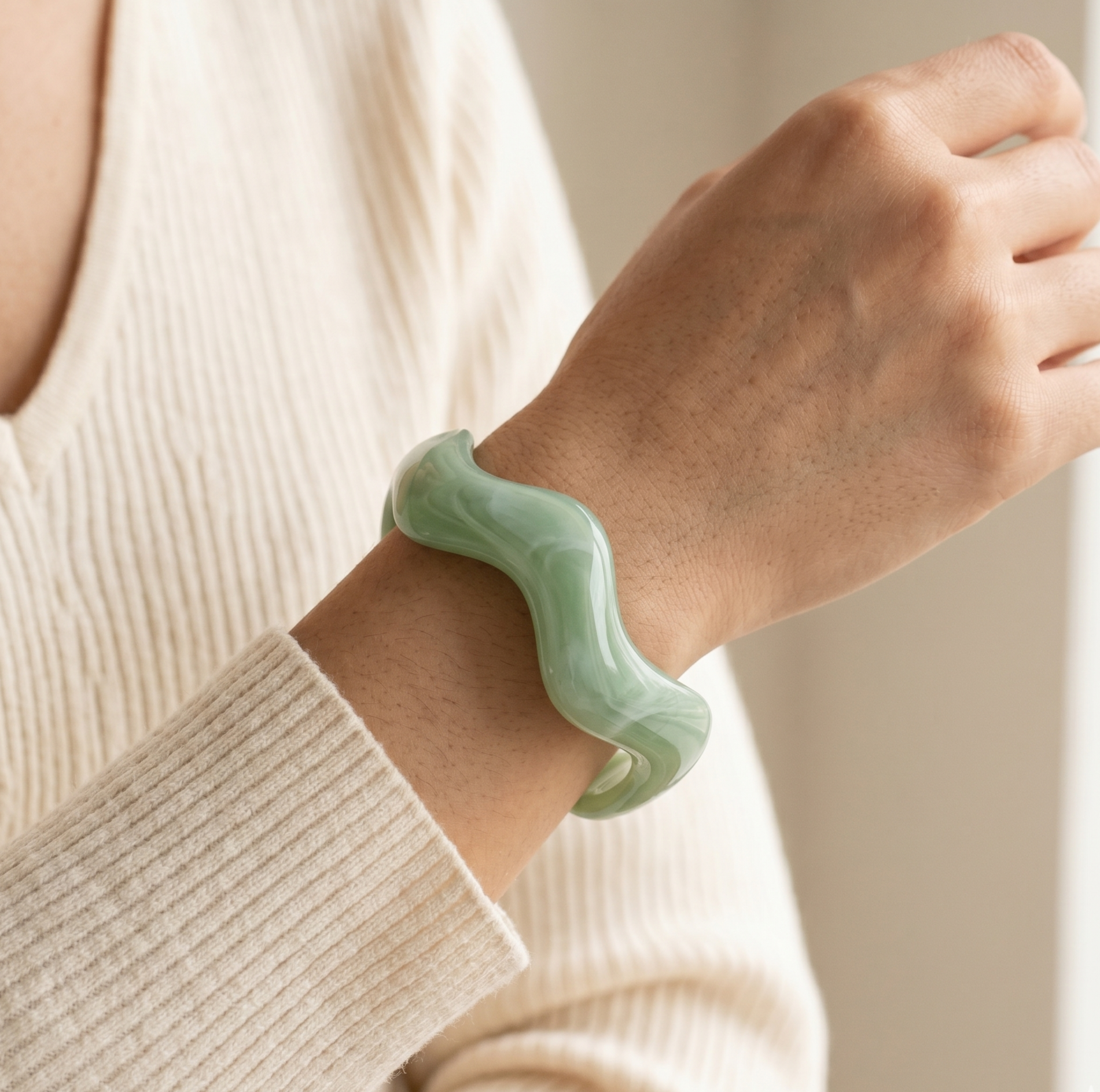 Mint Green Open Wave Resin Cuff Bracelet for Women