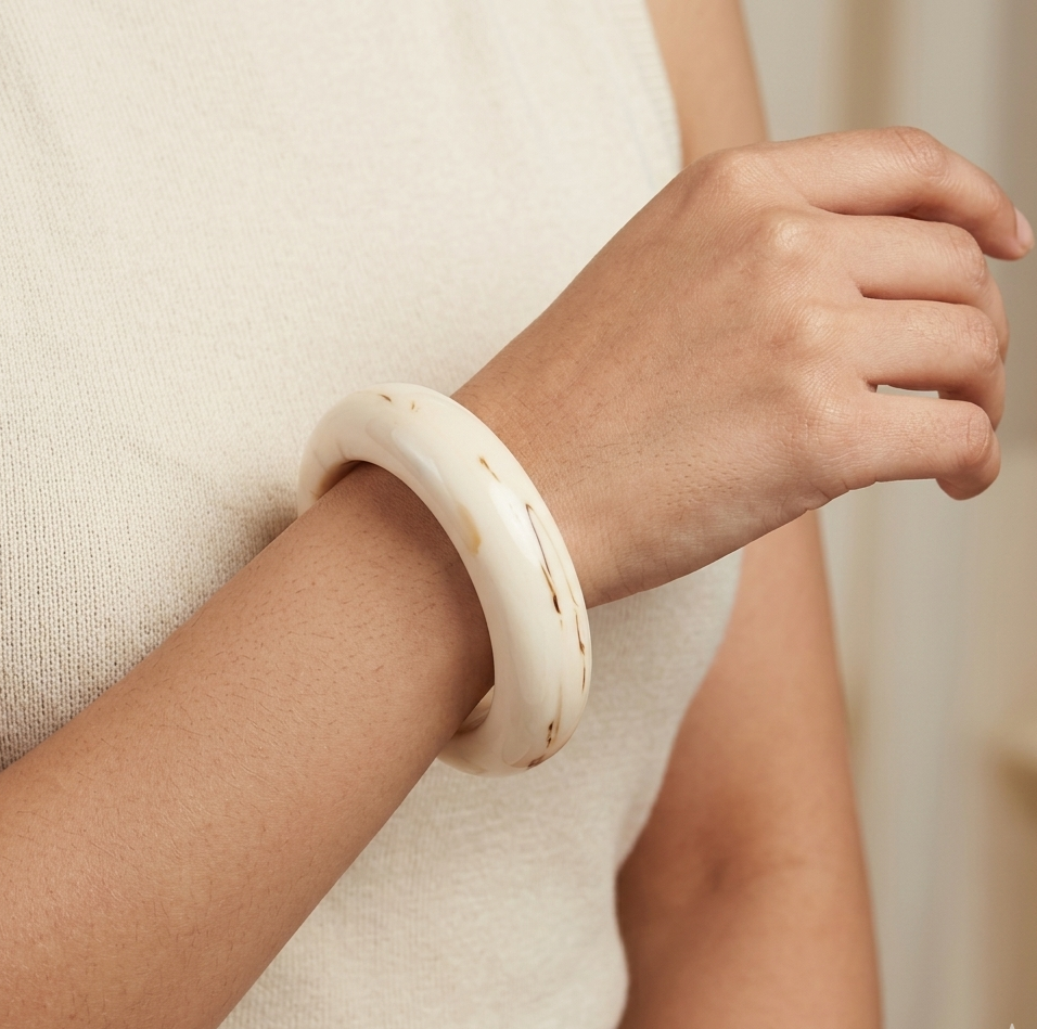 Cream Marbled Resin Statement Bangle Bracelet for Women