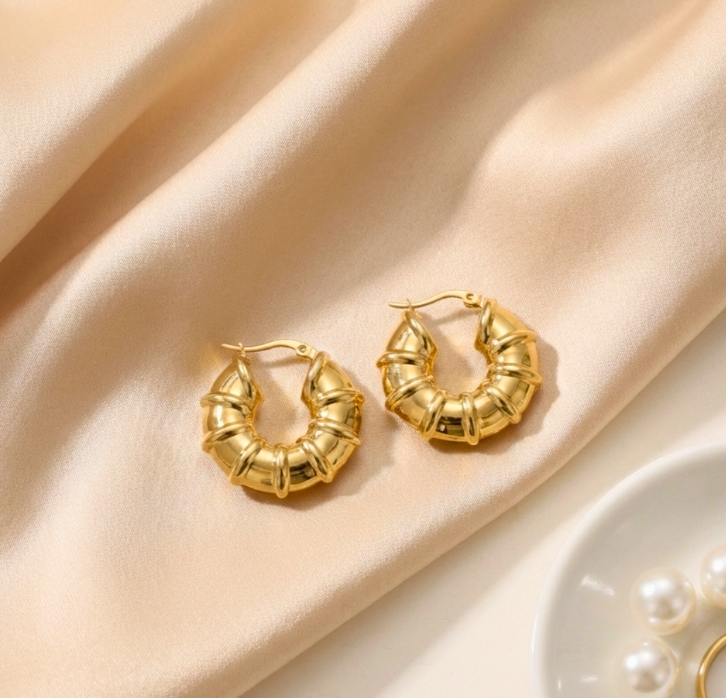 18K Gold Plated Chunky Bamboo Hoop Earrings in 316L Stainless Steel