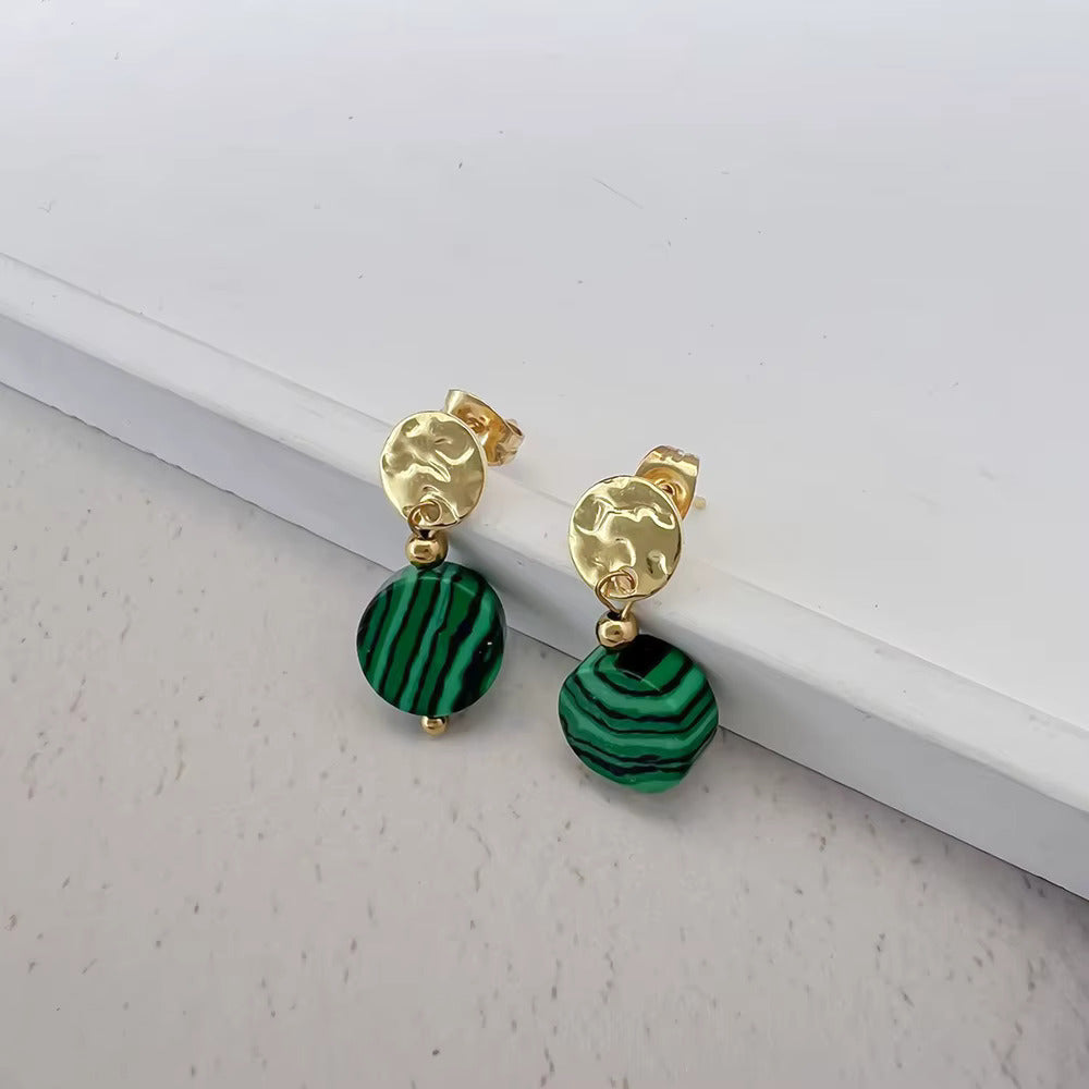 Malachite Drop Earrings Gold Tone Metal