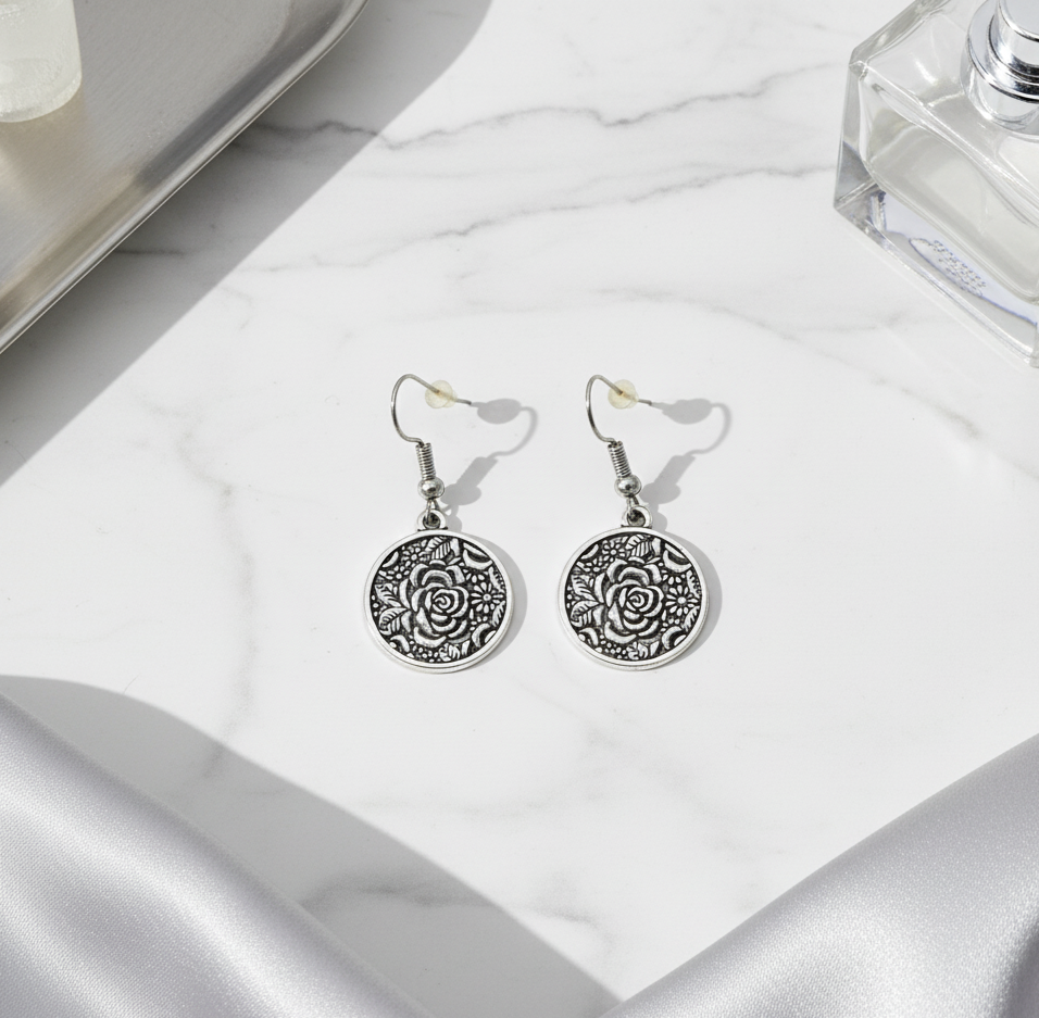 Vintage Floral Disc Drop Earrings Silver Tone Alloy