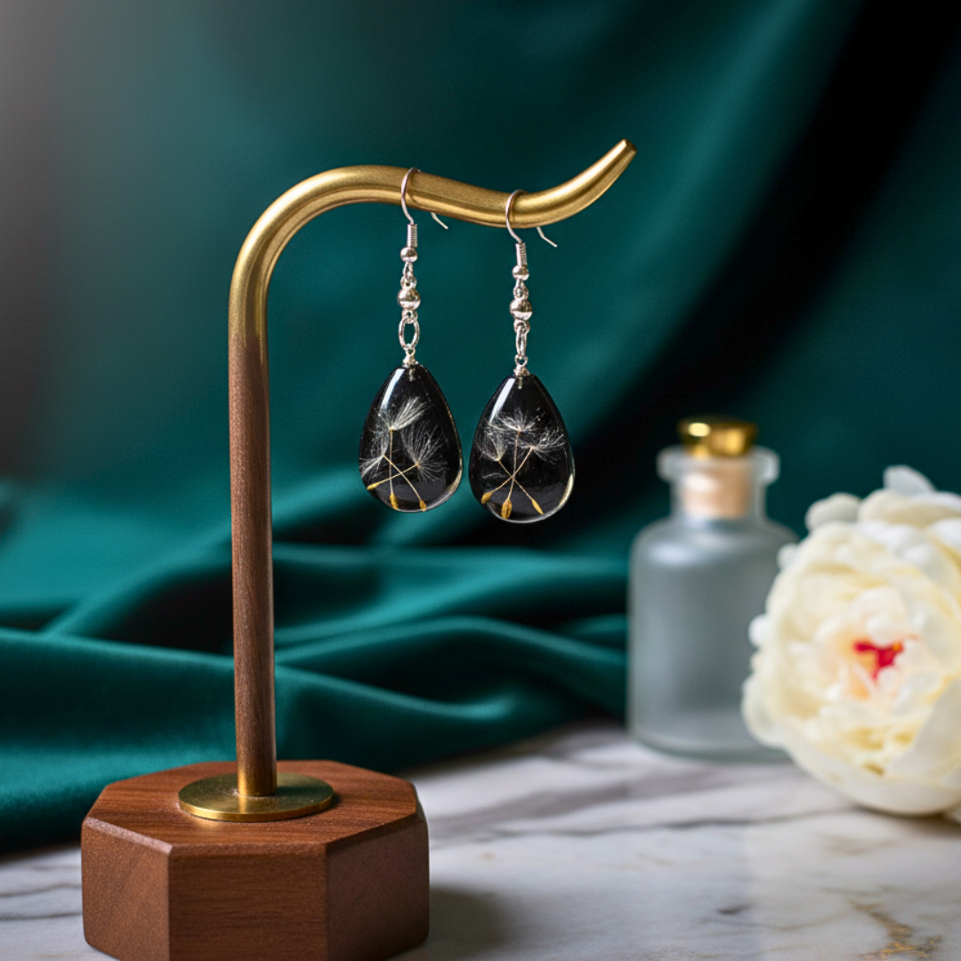 Midnight Black Dandelion Resin Teardrop Earrings Stainless Steel Hooks
