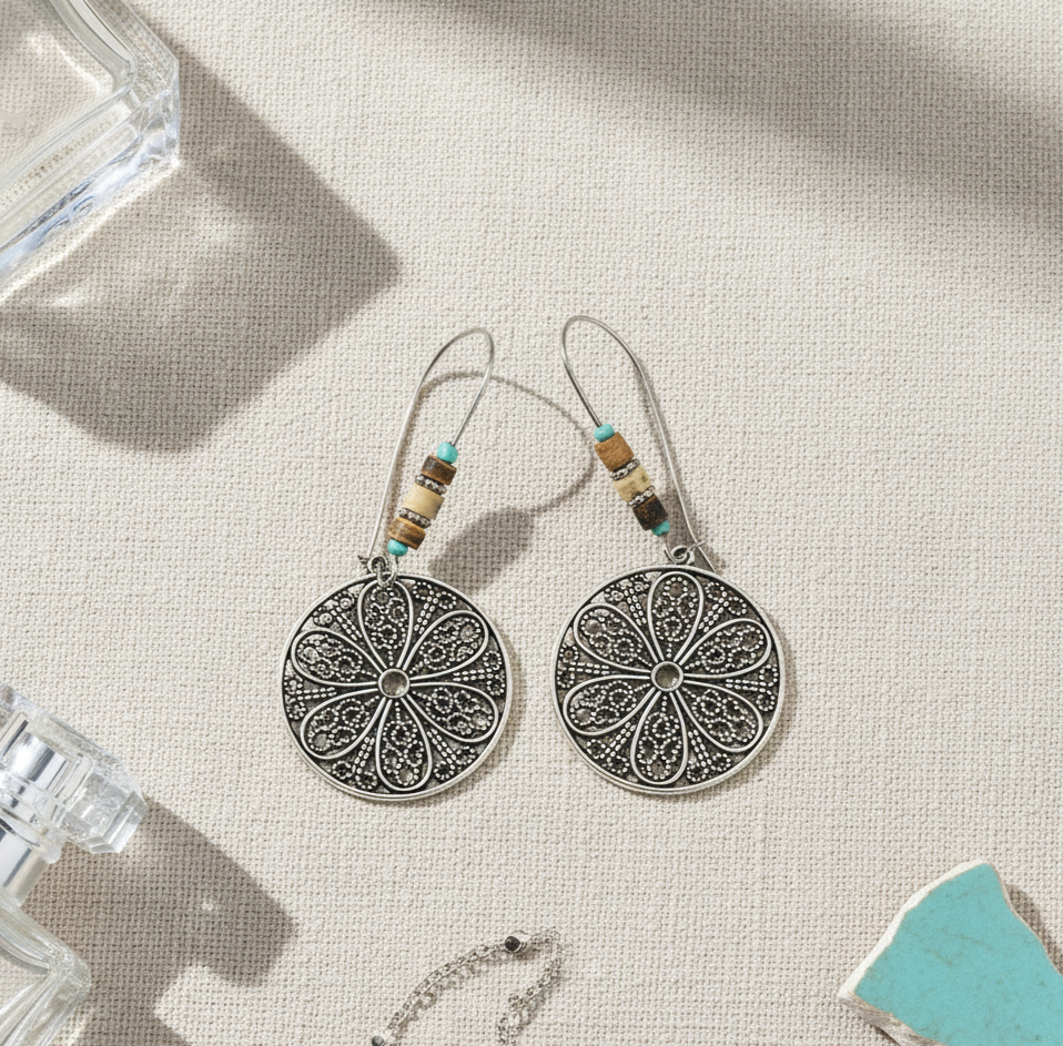 Antique Silver Flower Disc Earrings Alloy Drop Earrings