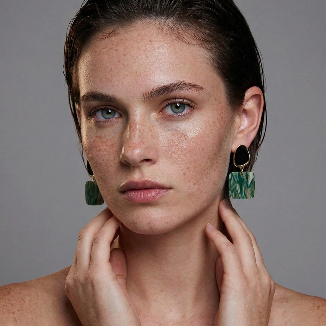 Green Marble Resin Drop Earrings Gold Tone Detail