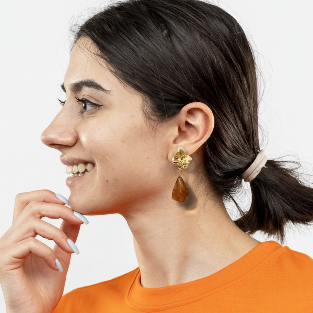 Amber Resin Drop Earrings Gold Tone Flower Studs