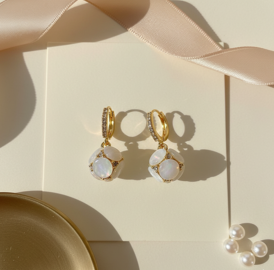 Cat Eye Stone Drop Earrings Gold Tone Crystal Hoop