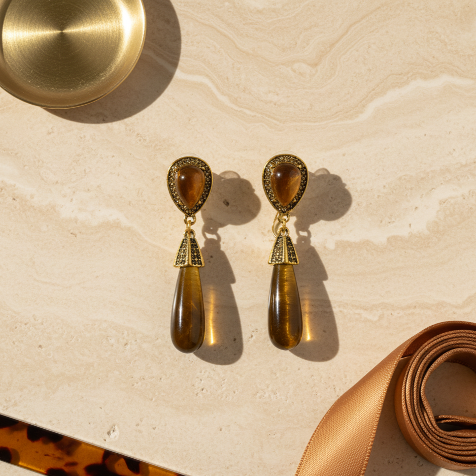 Tiger Eye Style Water Drop Dangle Earrings Gold Tone Studs