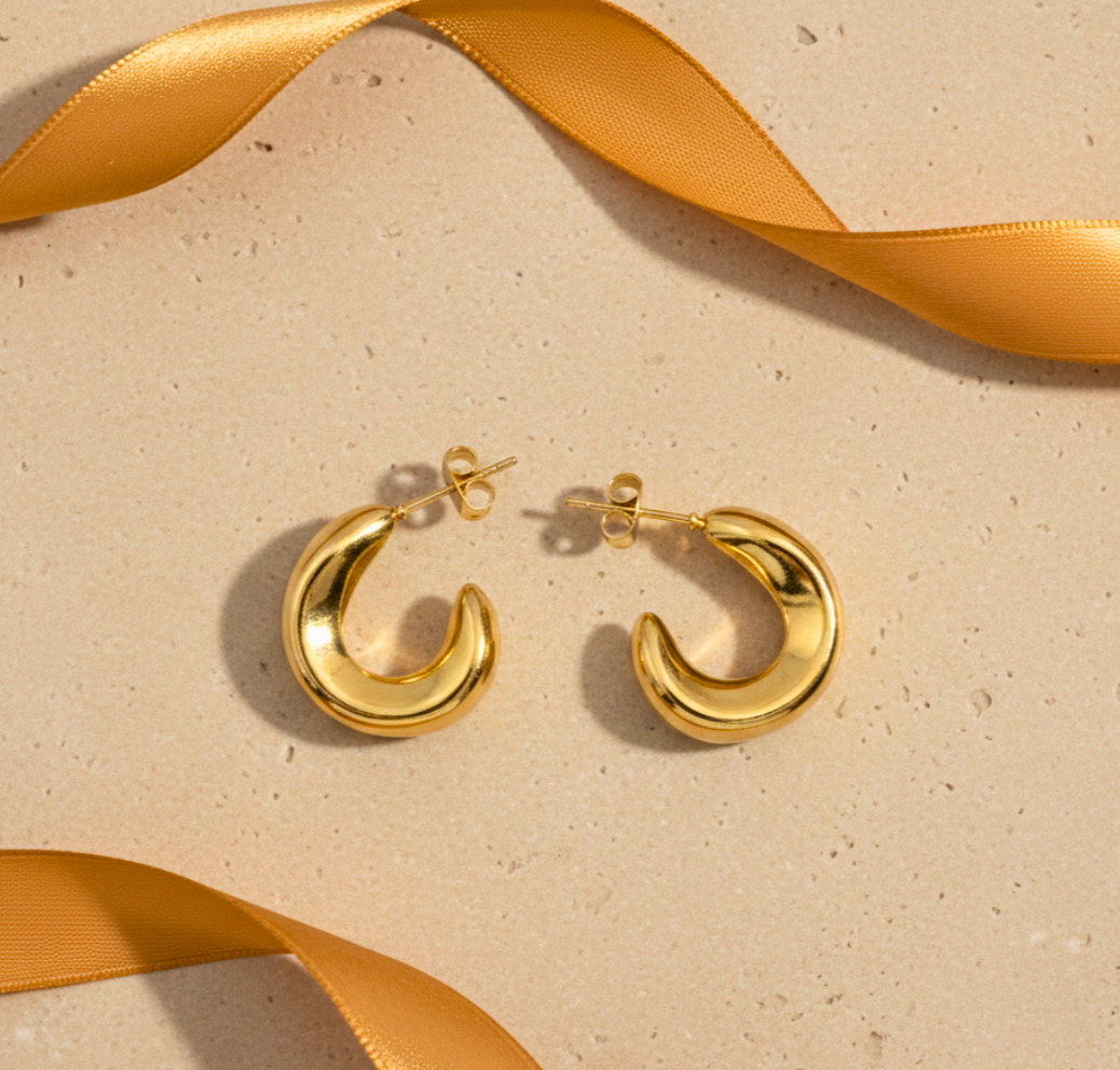 18K Gold Plated C Shape Stud Earrings in 316L Stainless Steel