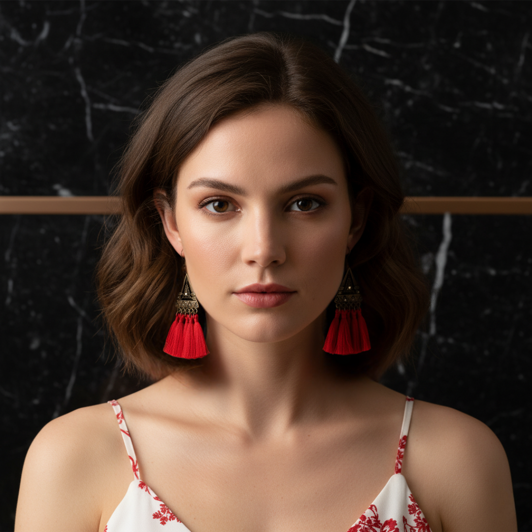 Retro Triangle Red Tassel Earrings for Women