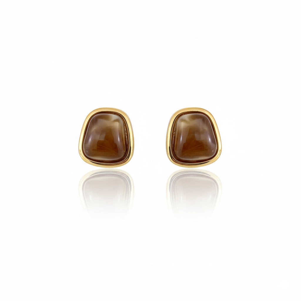 Coffee Brown Resin Square Stud Earrings with Gold Tone Frame