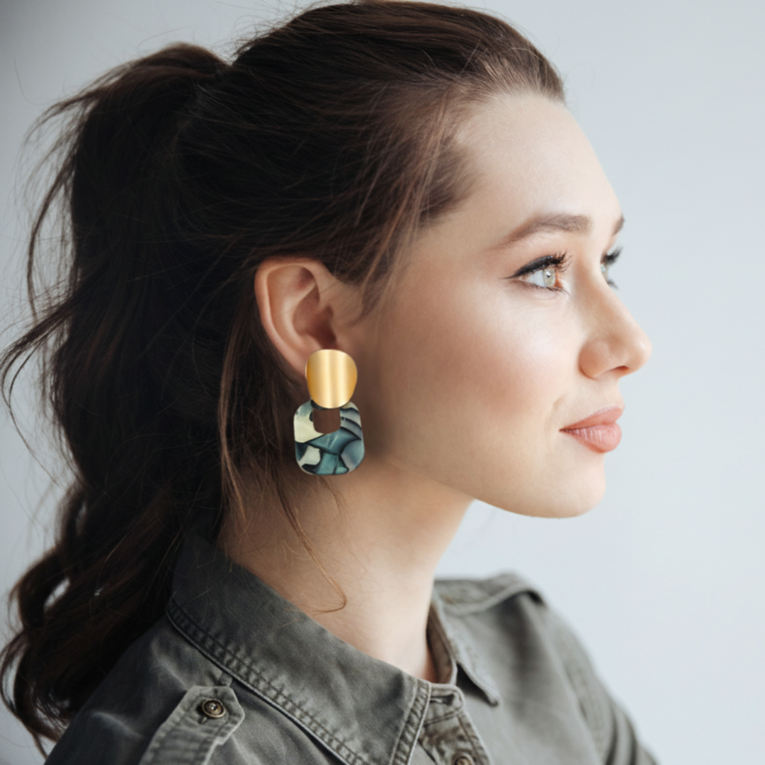 Geometric Sage Marble Resin Drop Earrings for Women